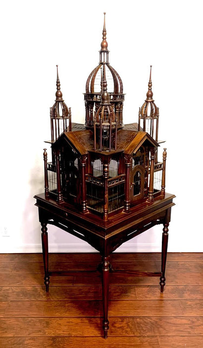 Monumental Vintage Architectural Mahogany Birdcage on Table Stand