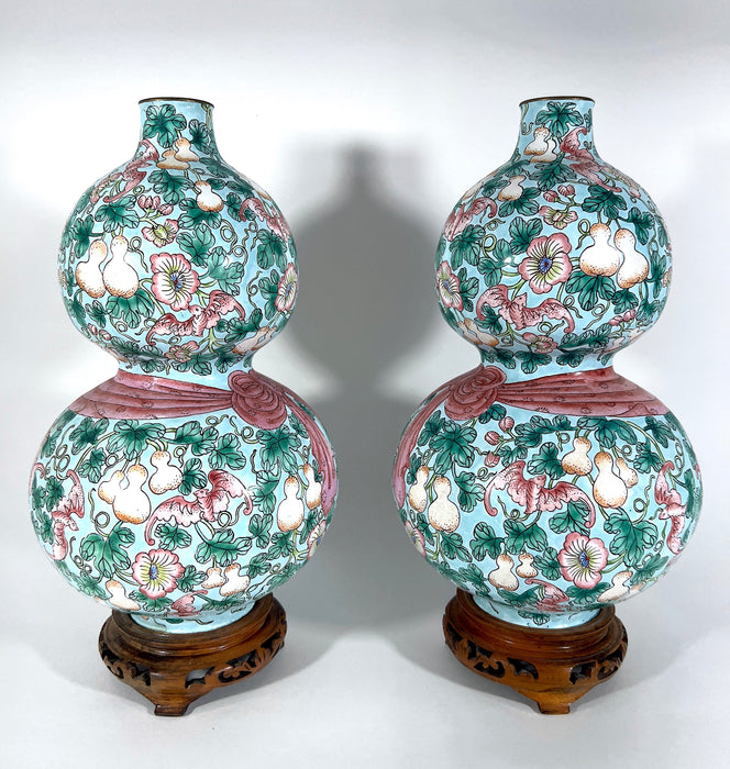 Rare Opposing Enamelled 'Huluping' Chinese Double Gourd Pink and Blue Vases With Stands - a Pair