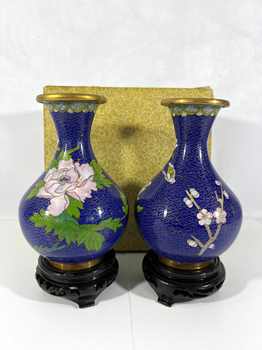 1980's Chinese Pink Peony and Cherry Blossom Blue Cloisonné Vases, a Pair, Boxed