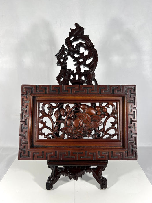 Large Ornate Vintage Carved Easel Style Dark Brown Mahogany Rosewood Display Stand 20"