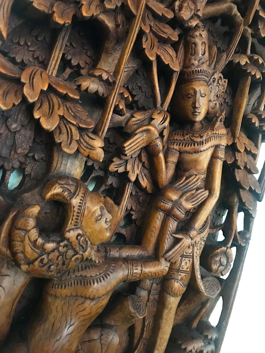 Vintage Balinese Carved Wood Sculptural Wall Panels Portraying Rama & Sita From the Ramayana Epic Saga