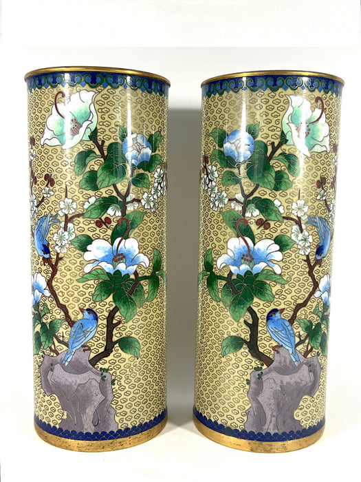 Republic Opposing Chinese Cloisonne Cherry Blossom & Blue Bird "Hat Stand" Cylindrical Vases, a Pair