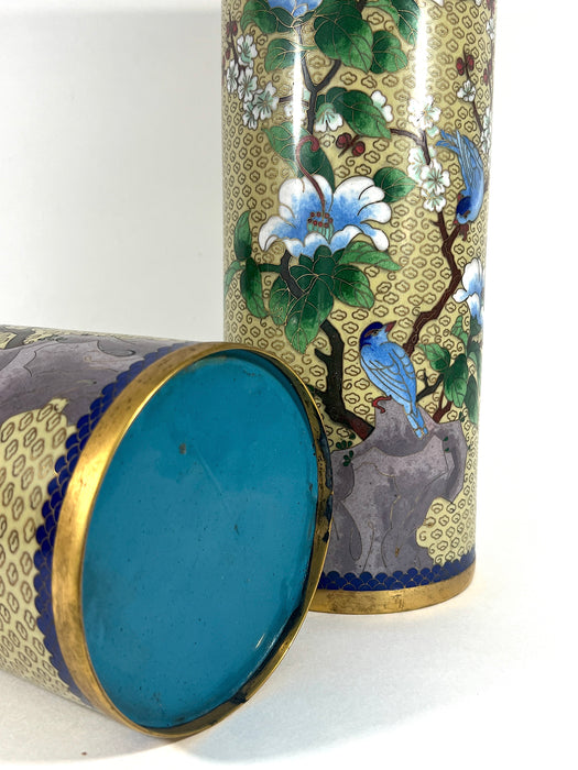 Republic Opposing Chinese Cloisonne Cherry Blossom & Blue Bird "Hat Stand" Cylindrical Vases, a Pair