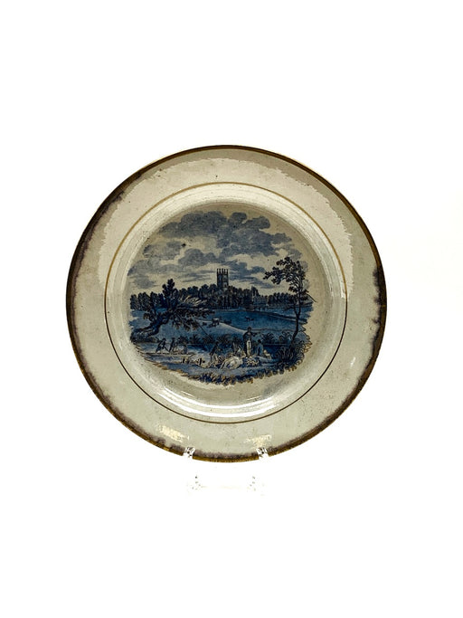 English Soft Paste Porcelain Scenic Cabinet Plate, Cobalt Landscape, Gold Rim Clobbered, C1800