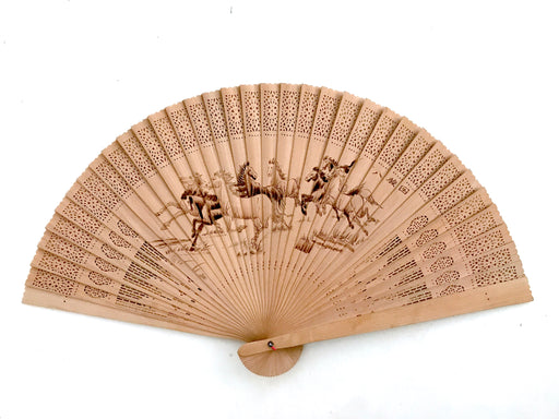 Large Chinese Wood Fan Hand Painted with Wild Running Horses W35"