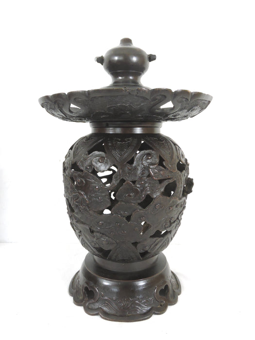 Old Japanese Bronze Reticulated Censer / Candle Lamp With Dragons and Clouds, Lantern