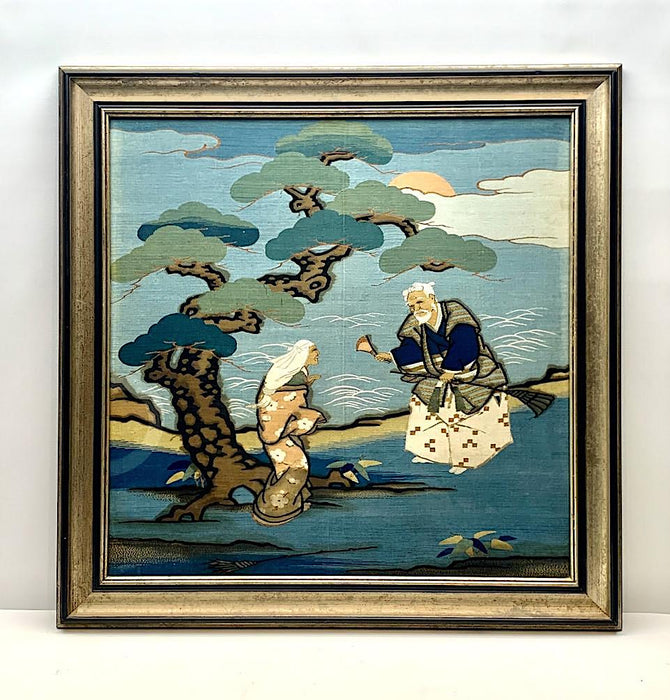 Japanese Meiji Period Embroidered Blue Silk Framed Fukusa Tapestry - the Takasago Legend, Late 19th. Century