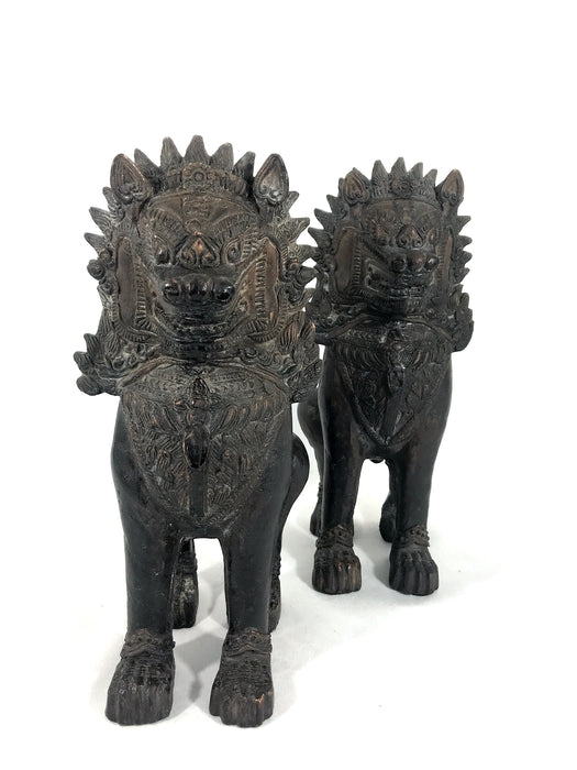 Large Bronze Khymer Gilded Singha Temple Lions Statues - a Pair 11"