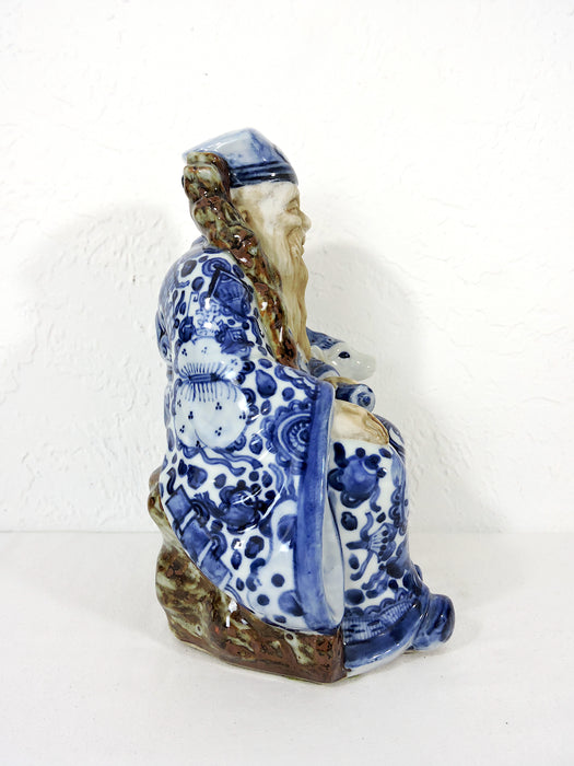 Signed Japanese Blue and White Kutani Porcelain Statue Figure of Sau, the Immortal With His Deer