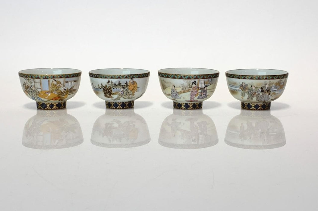 Rare Japanese Kutani Ceremonial Tea Bowls With Exquisite Scenes in the Satsuma Style by Hayashiya Jisaburo, Set of 4 Meiji Period