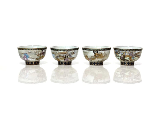 Rare Japanese Kutani Ceremonial Tea Bowls With Exquisite Scenes in the Satsuma Style by Hayashiya Jisaburo, Set of 4 Meiji Period