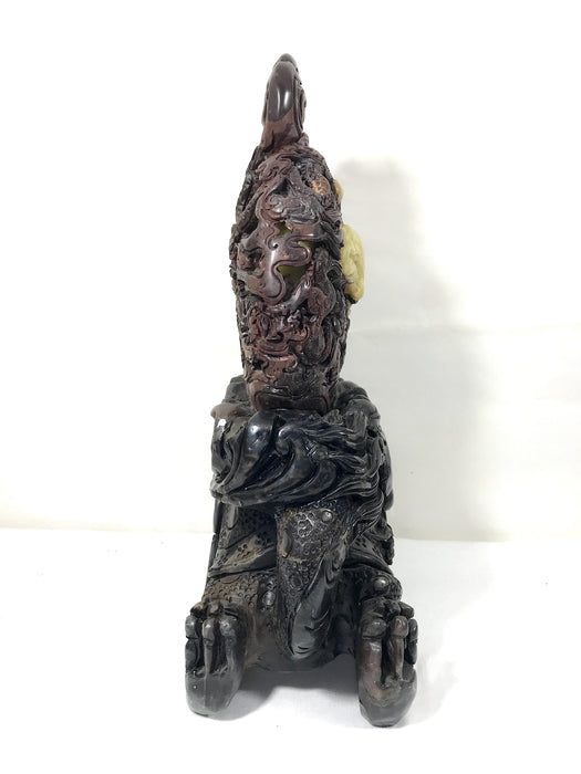Large Jade and Soapstone Cloud Dragon Sculpture with Multiple Flaming Pearls Atop a Chinese Dragon Turtle