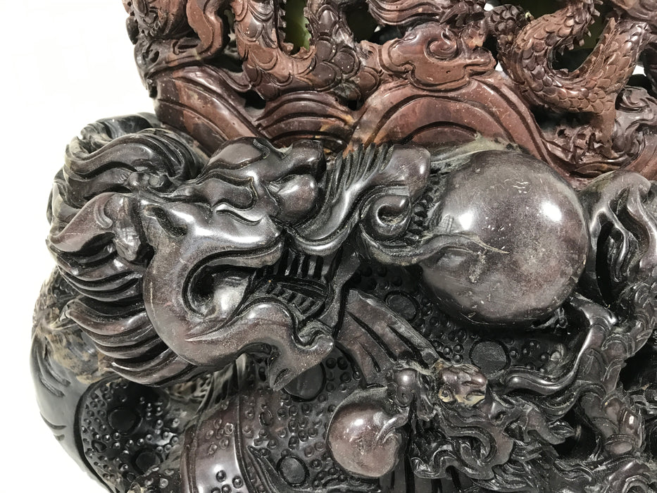 Large Jade and Soapstone Cloud Dragon Sculpture with Multiple Flaming Pearls Atop a Chinese Dragon Turtle