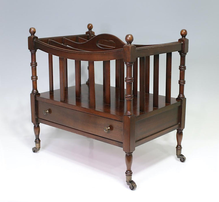 Fine Antique Mahogany Canterbury on Brass Casters with Drawer, Classic English Design 1920's
