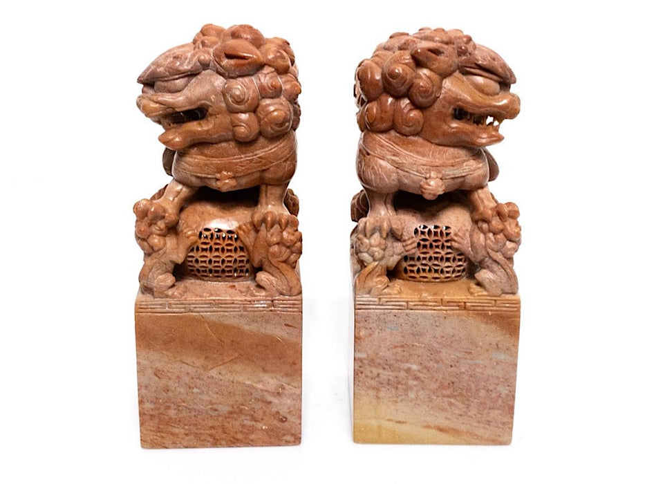 Rare Pink Marble Carved Chinese Shishi or Foo Lions, an Opposing Pair (Bookends/Statues)