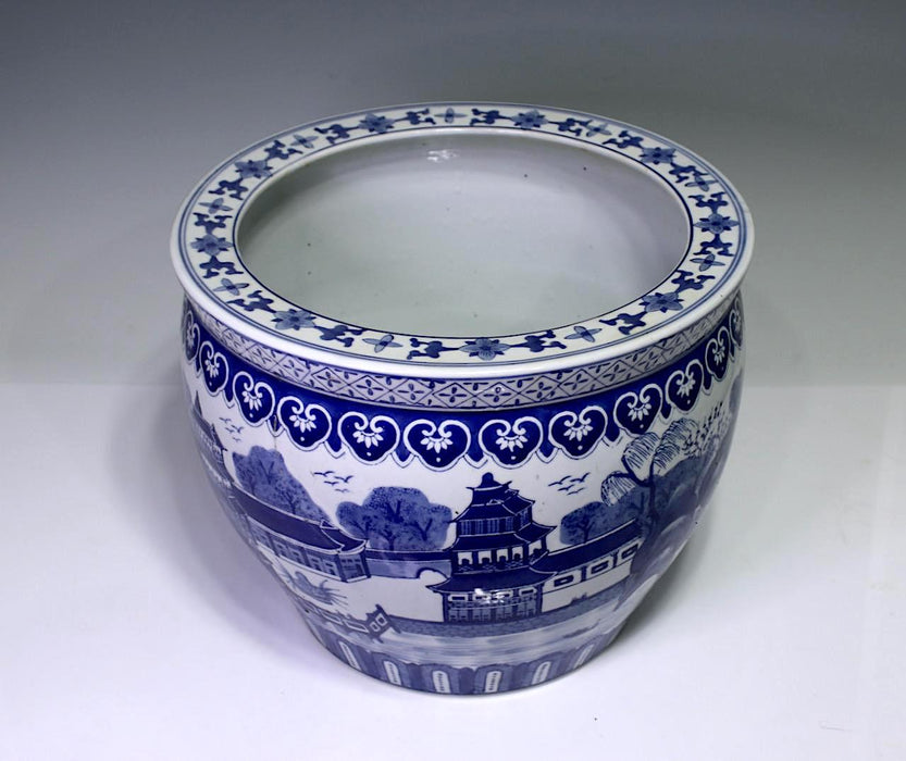 Vintage Chinese Porcelain Planter With Hand Painted Blue & White Temples & Lakes (16")