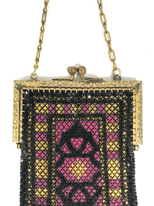 Art Deco Ladies Gold, Pink and Black Mesh Evening Bag / Purse, Signed Elsah