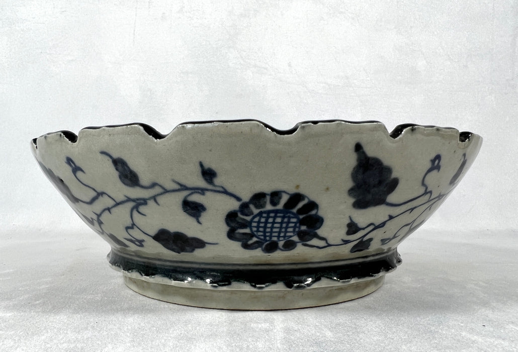 'Ming Dynasty' Hand Painted Chinese Blue and White Ceramic Fish & Flower Bowl, Signed