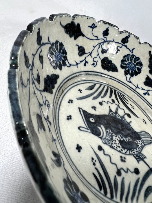 'Ming Dynasty' Hand Painted Chinese Blue and White Ceramic Fish & Flower Bowl, Signed