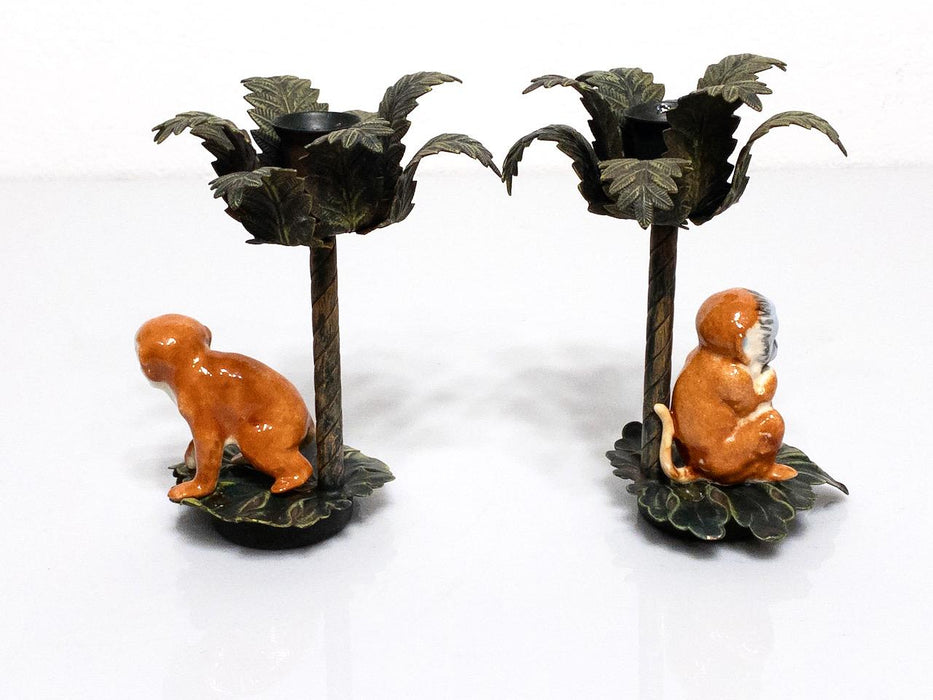 Vintage Palm Tree Candle Holders With Porcelain Hand Painted Monkeys, a Pair