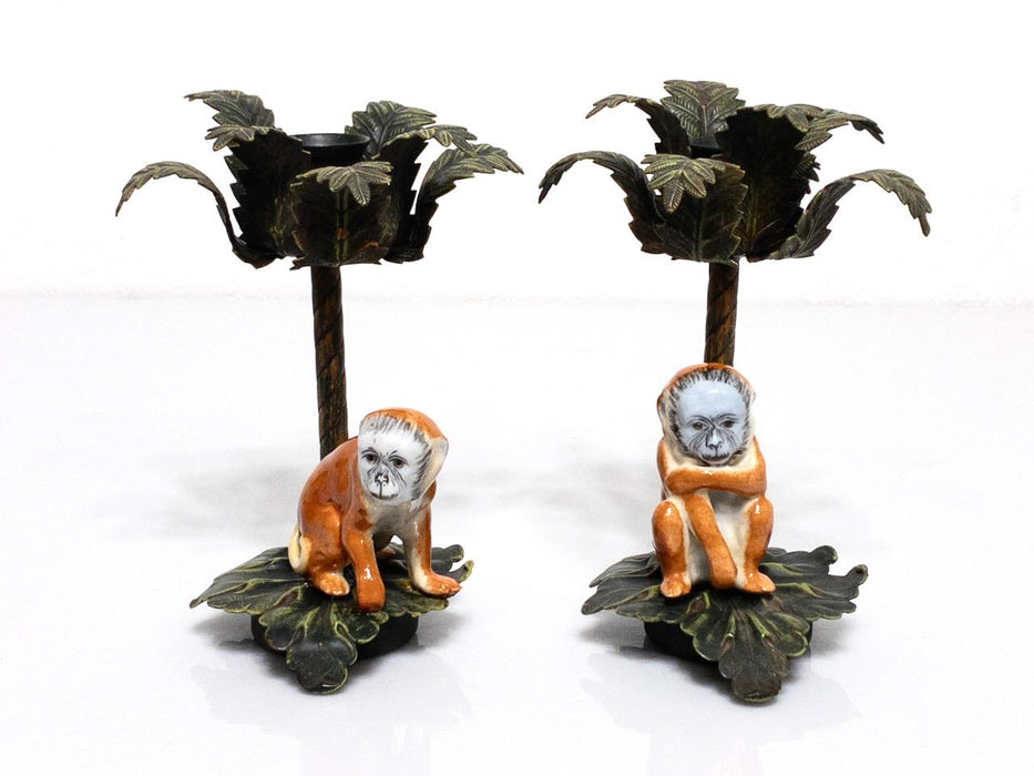 Vintage Palm Tree Candle Holders With Porcelain Hand Painted Monkeys, a Pair