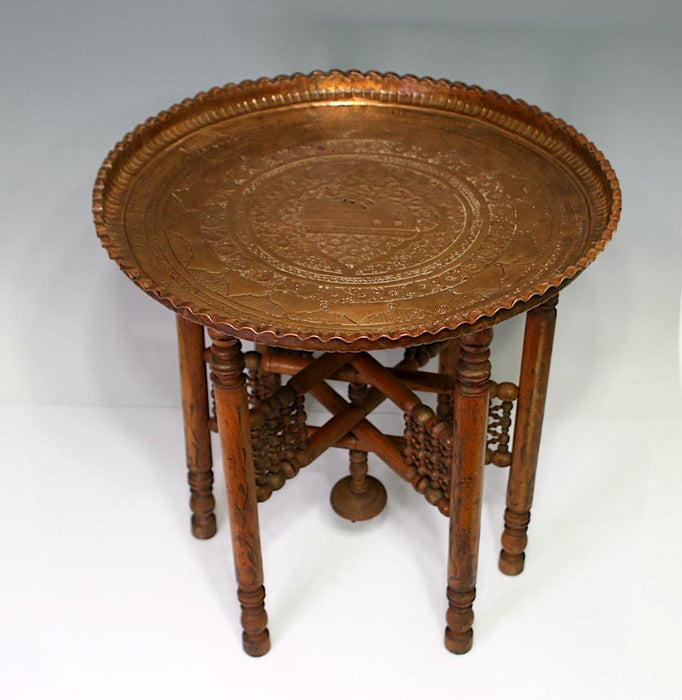 Antique Moorish Ball and Stick Folding Round Mamluk Copper Tray or Drinks Table