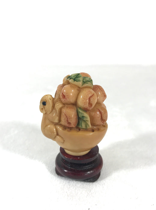 1980's Chinese Netsuke Mouse with Peaches on Wood Stand