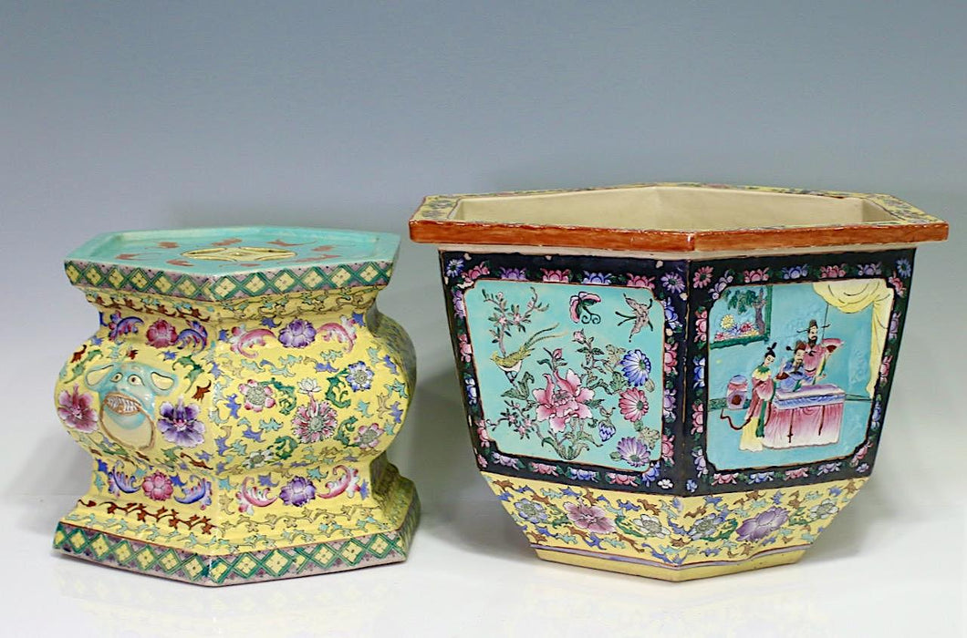 Rare Antique Chinese Nyonya Straits Famille Jaune PYellow and Blue orcelain Jardinier on Matching Floral Stand