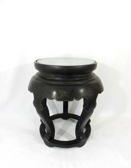 Vintage Mid-Century Black Lacquer Chinese Stool With Green and White Jade Floral Top - 'Jinlong'