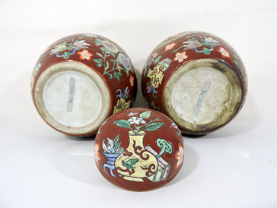 Vintage Persimmon Red Hong Kong Chinese Ginger Jars With Flowers & Fruits - a Matching Pair