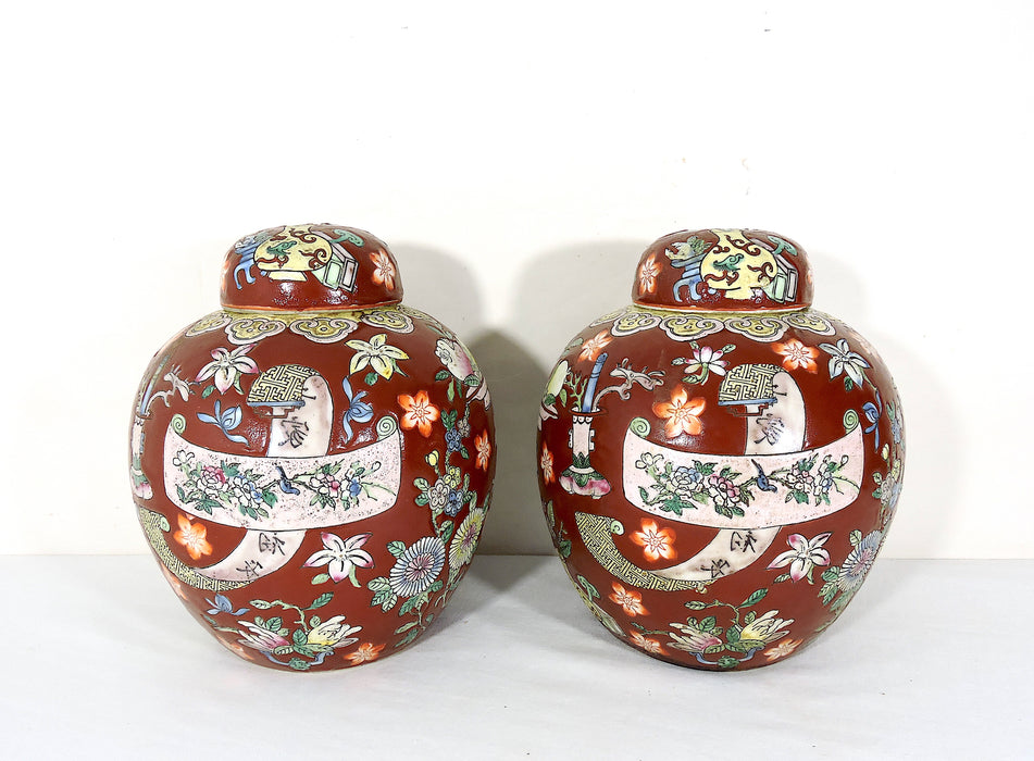 Vintage Persimmon Red Hong Kong Chinese Ginger Jars With Flowers & Fruits - a Matching Pair