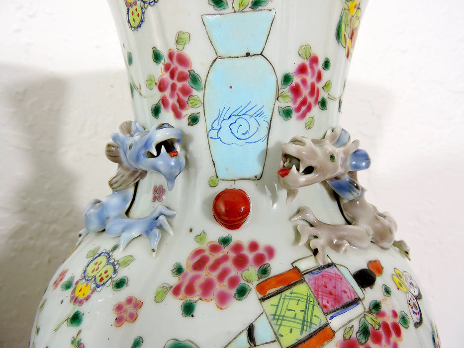 Antique White Porcelain Chinese "Linen Fold" Famille Rose Vases, With Chimera, Republic Period, a Pair
