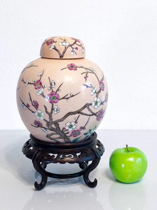 Vintage Chinese Peach Glazed Ginger Jar With Cherry Blossoms & Rosewood Stand