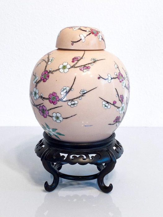 Vintage Chinese Peach Glazed Ginger Jar With Cherry Blossoms & Rosewood Stand