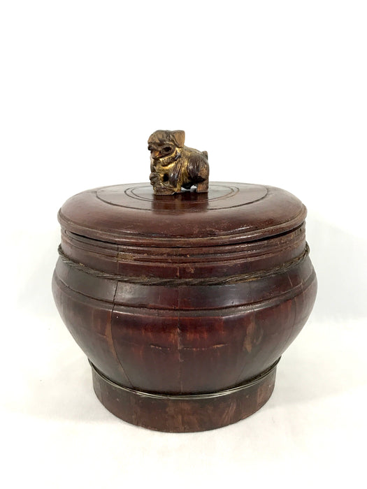 Antique Late Qing Dynasty Chinese Carved Wood Storage Box With Foo Dog Finial, Signed
