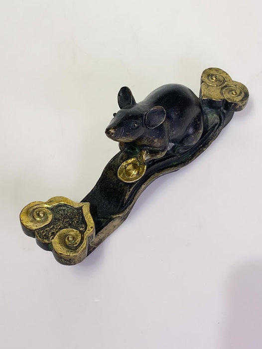 Early 20th Century Antique Chinese Bronze Rat on Ruyi Sceptre With Gold Ingot