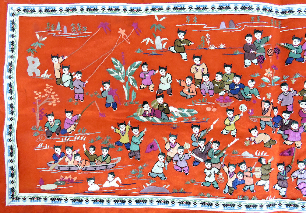 Vintage Embroidered '100 Children at Play' Red Silk Panel Wall Hanging/Table Mat
