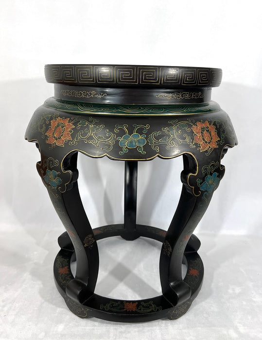Large Red Crowned Crane Black Lacquer & Cloisonné Chinese Stool or Side Table