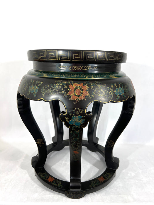Large Red Crowned Crane Black Lacquer & Blue Cloisonné Chinese Stool or Side Table
