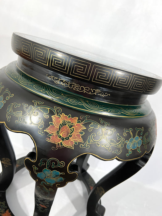 Large Red Crowned Crane Black Lacquer & Blue Cloisonné Chinese Stool or Side Table