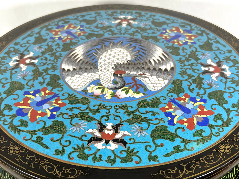 Large Red Crowned Crane Black Lacquer & Cloisonné Chinese Stool or Side Table