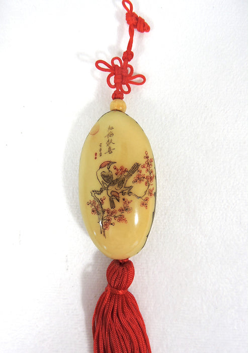 Vintage Chinese Hand Painted Birds in Cherry Blossoms and Calligraphy Netsuke Hanging Fob With Red Tassel