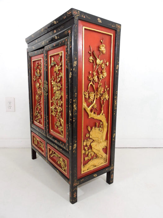1980's Chinese Cherry Blossom Red and Gold Carved Multi Panel Wood Cabinet or Cupboard