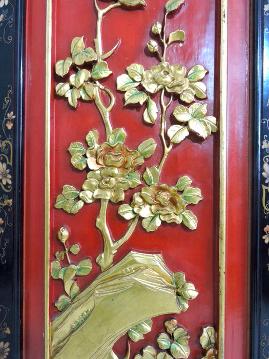 1980's Chinese Cherry Blossom Red and Gold Carved Multi Panel Wood Cabinet or Cupboard