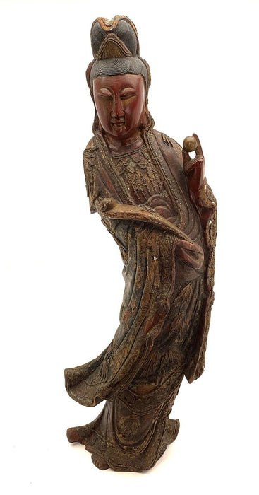 Rare 35" Antique Chinese Carved & Lacquered Wood Figure of the Goddess Guan Yin 19th Century with Secret Compartment