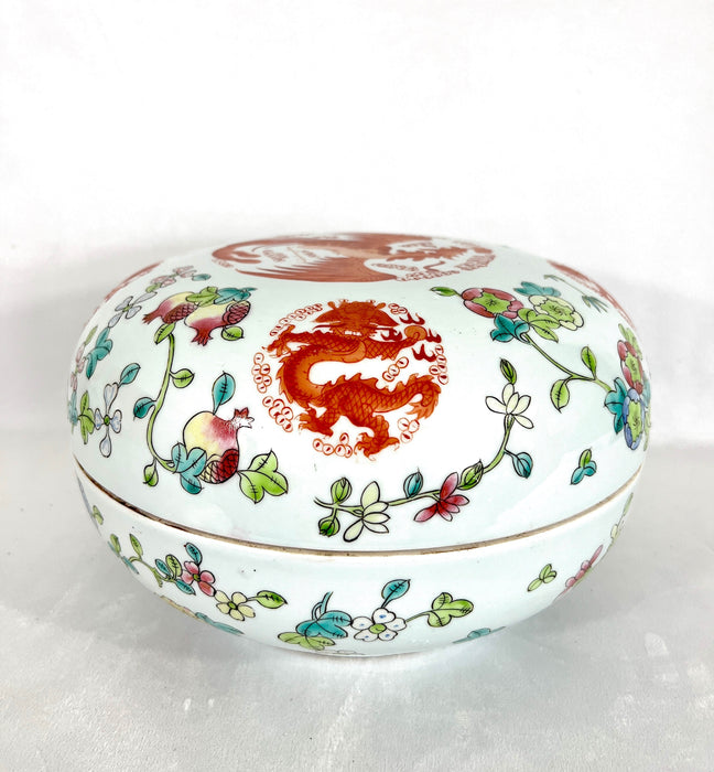 Vintage White Porcelain Chinese Covered Serving Bowl (Gift Box) With Red Pheonix, Dragons & Flowers, a Pair Available