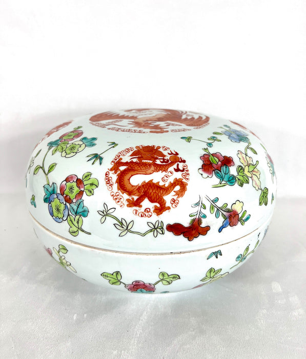 Vintage White Porcelain Chinese Covered Serving Bowl (Gift Box) With Red Pheonix, Dragons & Flowers, a Pair Available