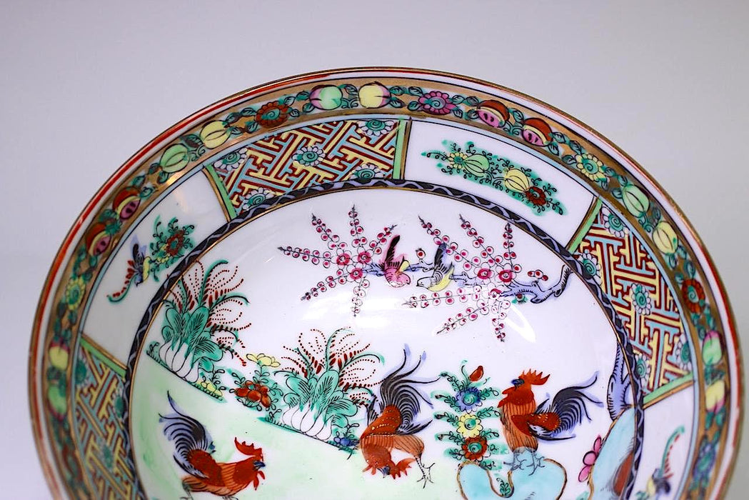 Vintage Hong Kong Hand Painted Porcelain Bowl, the Red Roosters