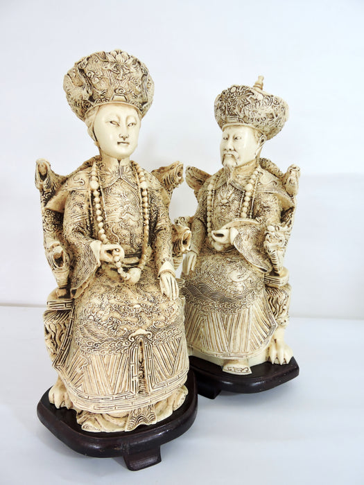 Vintage Chinese Faux Ivory Emperor and Empress Statues or Figures - a Pair, With Stands