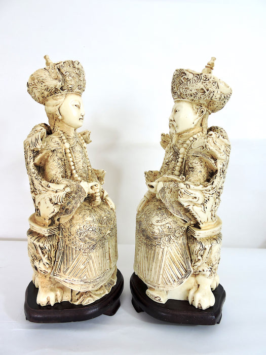 Vintage Chinese Faux Ivory Emperor and Empress Statues or Figures - a Pair, With Stands